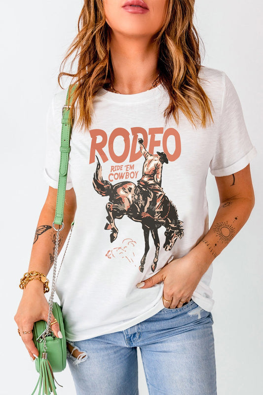 White Rodeo Cowboy Graphic Crewneck T-Shirt with Vintage Western Print