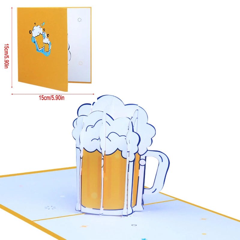 3D greeting card with beer mug pop-up design and envelope.