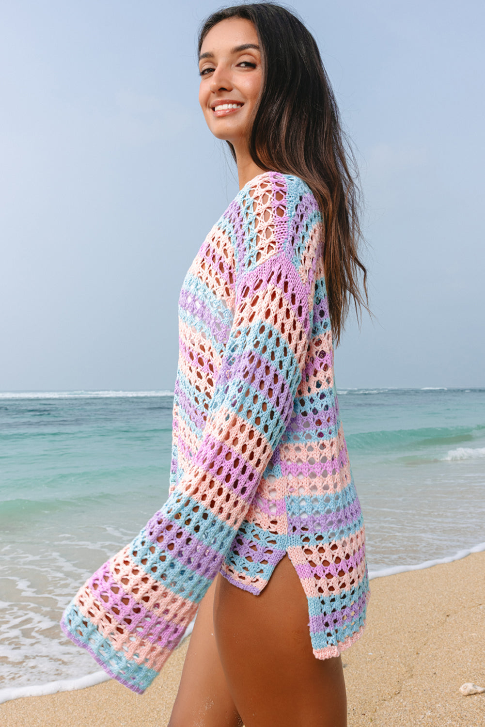 Purple Multi Stripe Open Knit Sweater – Beach Cover-Up with Breezy Boho Vibes
