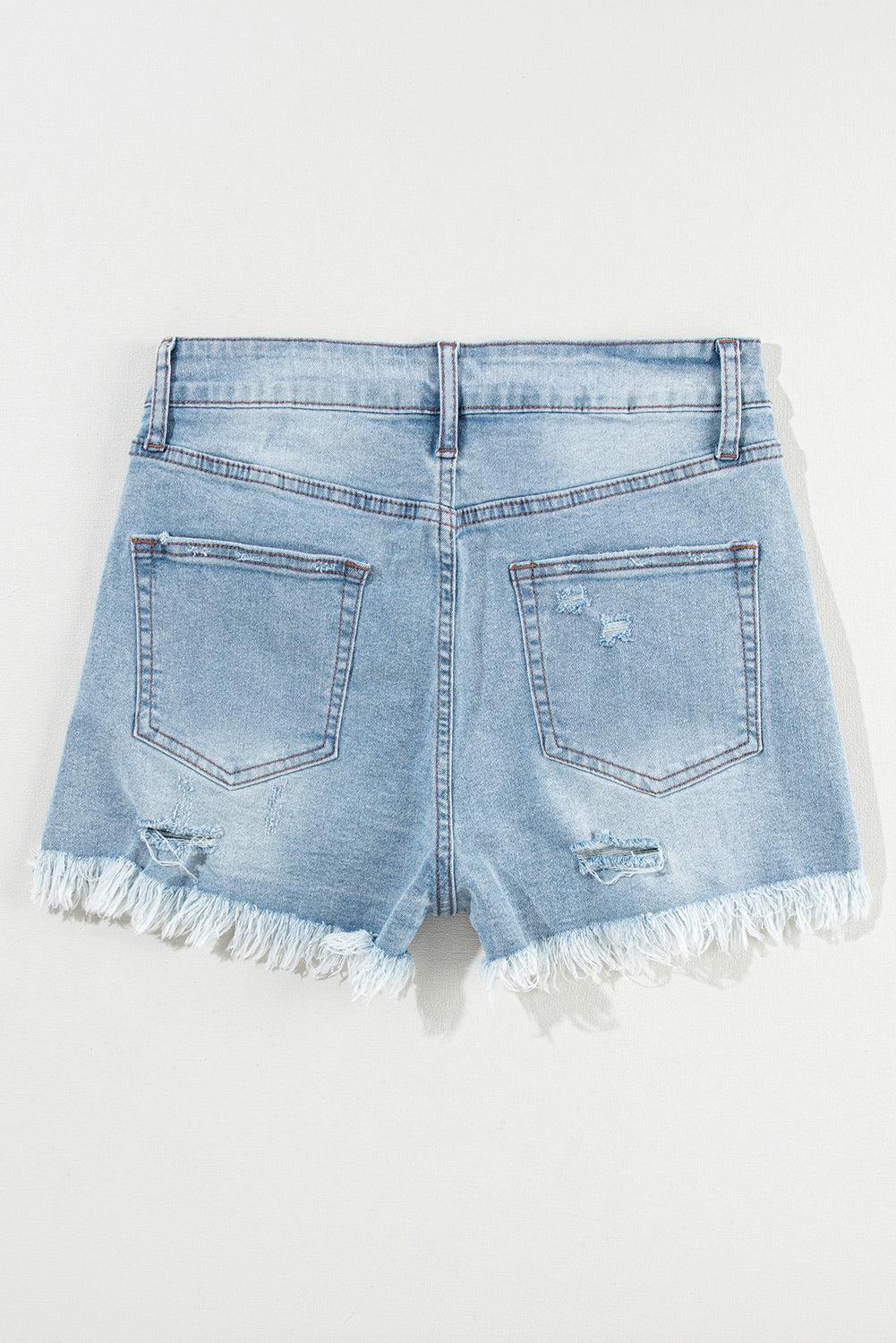 Light blue distressed high waist denim shorts with frayed hem and back pockets.