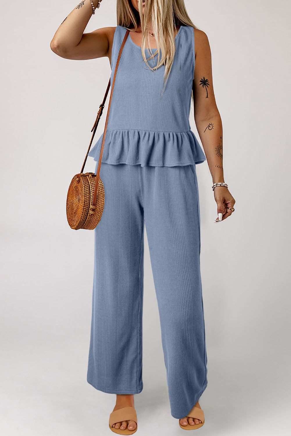 Ensemble débardeur et pantalon côtelés à volants de couleur unie bleu Beau