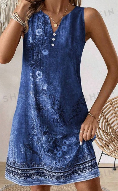 Robe d'été sans manches à imprimé floral et col en V pour femme, avec fente – Élégante et confortable