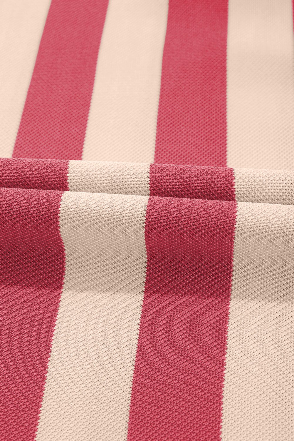 Striped fabric detail of the chic mini dress with Johnny collar.