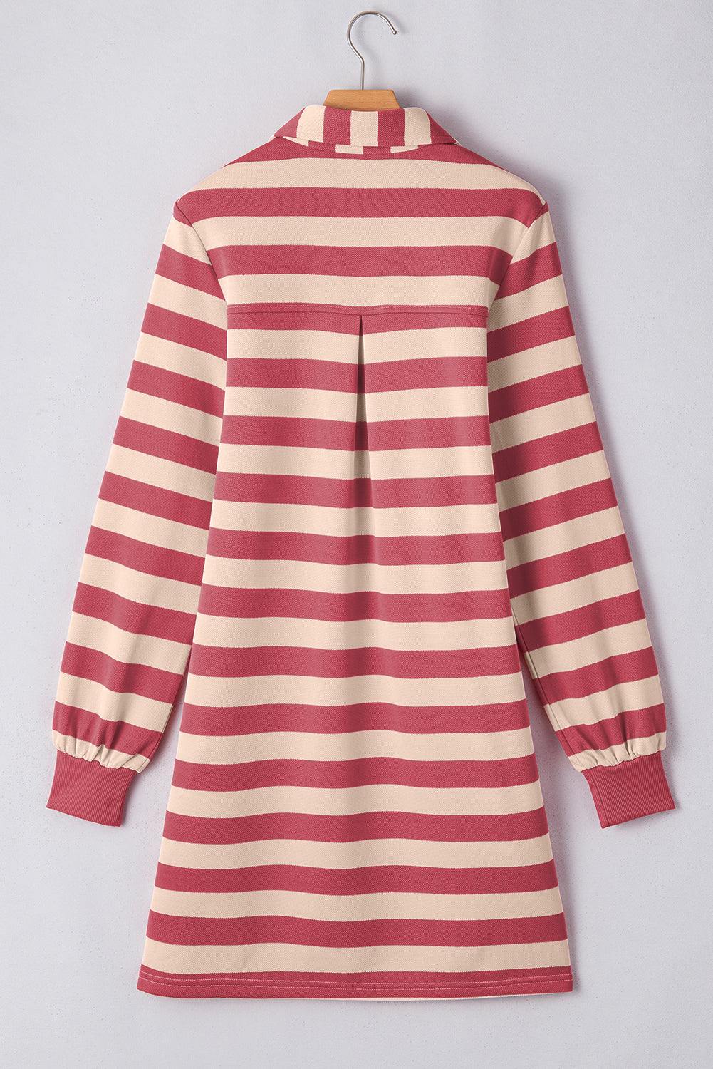 Striped Mini Dress with Johnny Collar and Long Sleeves in Red and White