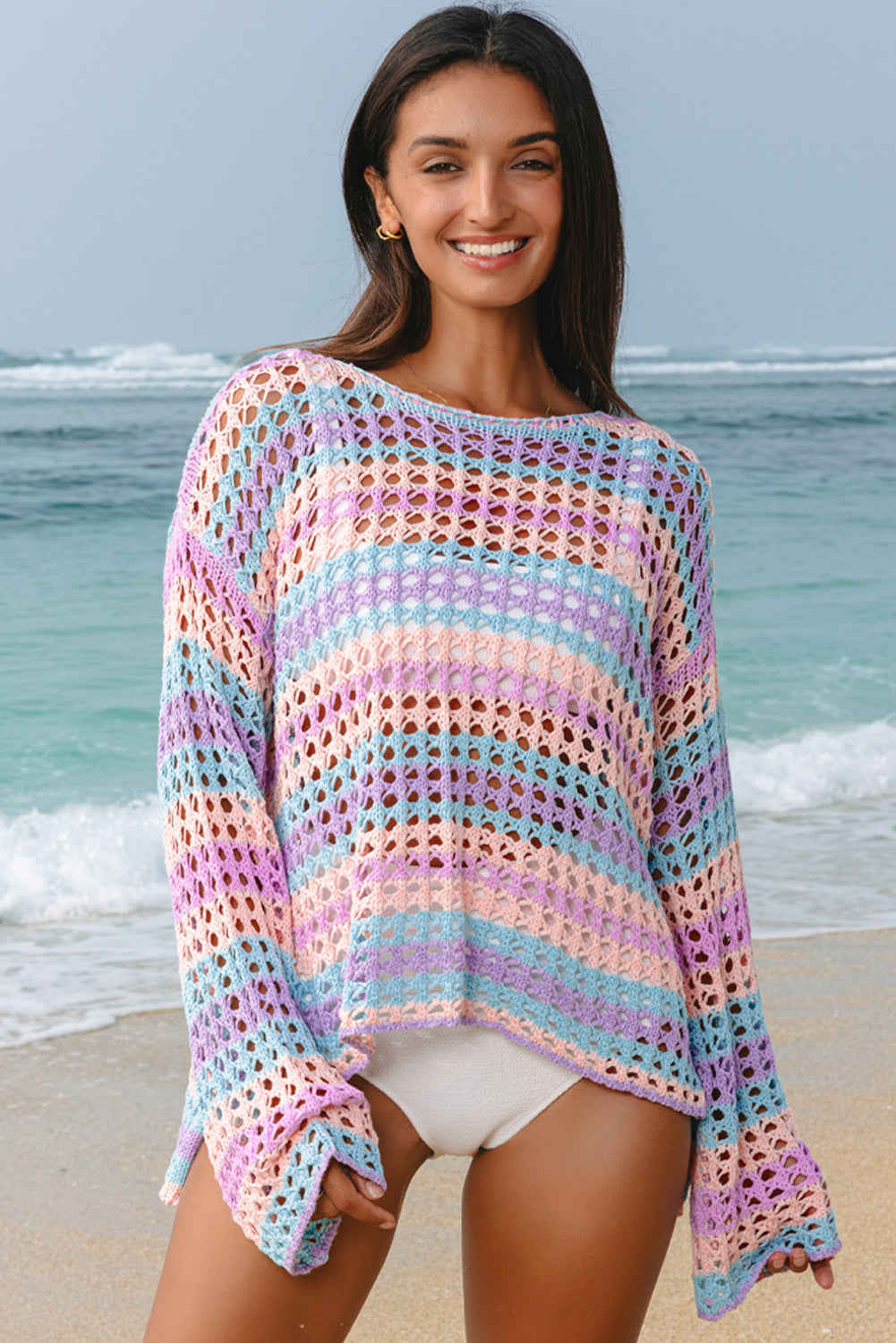 Purple Multi Stripe Open Knit Sweater – Beach Cover-Up with Breezy Boho Vibes