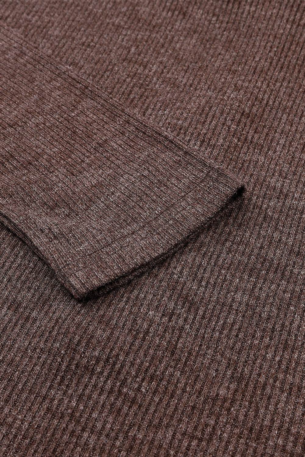 Brown Ribbed Knit Collared Henley Top