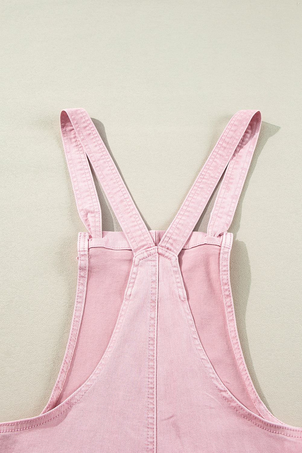 Pink Knot Strap Denim Romper with Pockets – Summer Casual Outfit