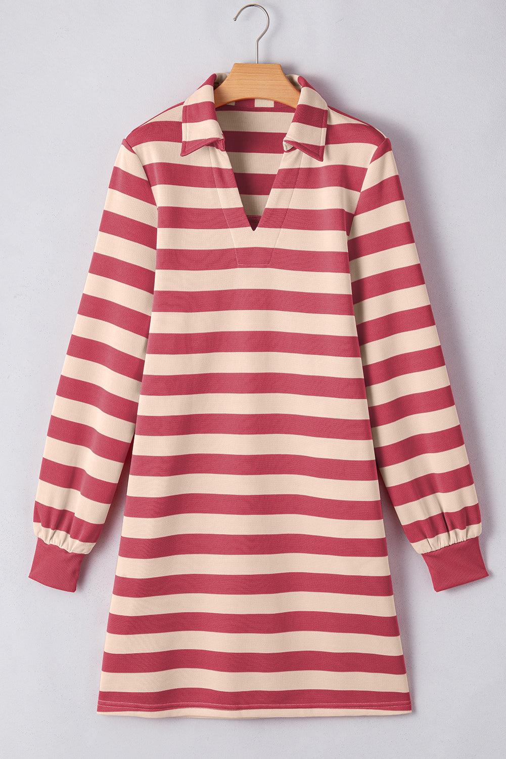 Striped mini dress with Johnny collar and long sleeves.