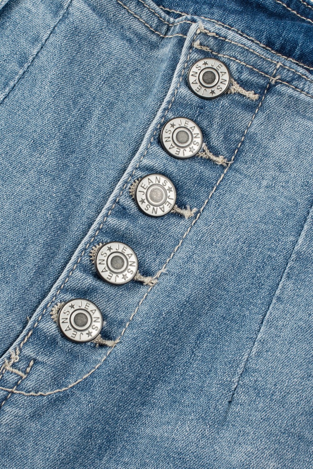 Dusk Blue Multi Buttons medium wash straight loose leg jeans with unique button design.