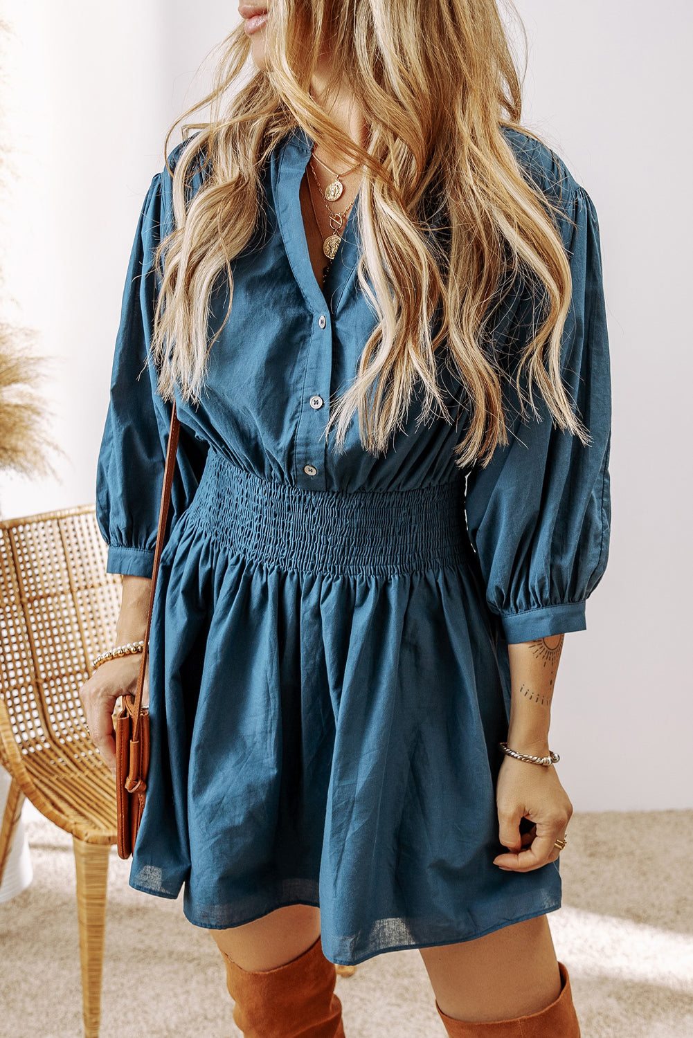 Prussian Blue 3 4th Sleeve Shirred High Waist Buttoned Mini Dress