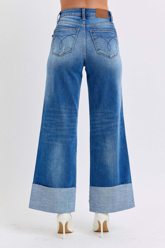 Judy Blue distressed high waist wide leg jeans with back pocket detailing.
