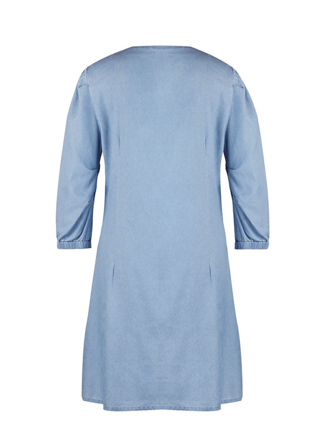 Full Size V-Neck Half Sleeve Dress in light blue, back view.