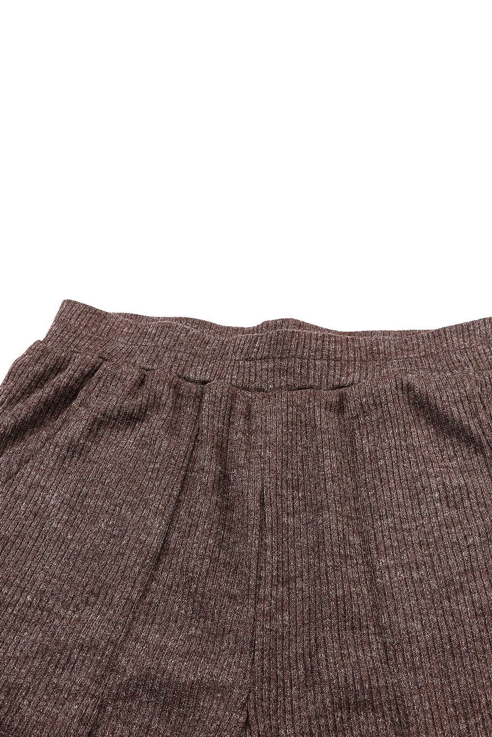 Brown Ribbed Knit Collared Henley Top