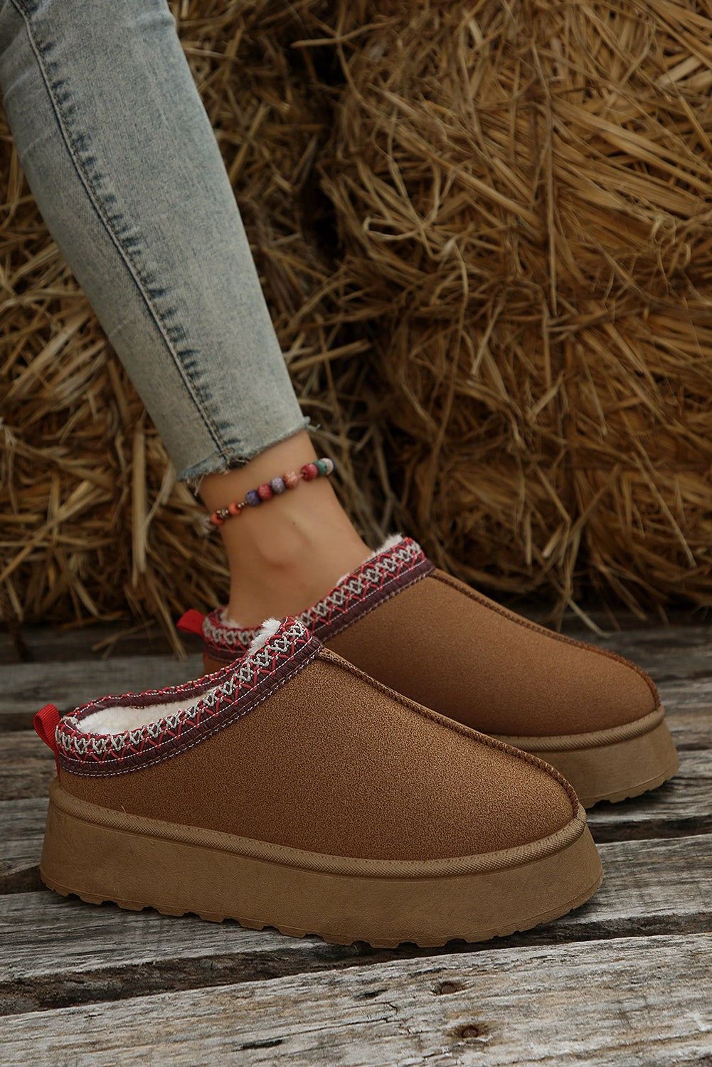 Brown Contrast Print Suede Plush Lined Snow Boots