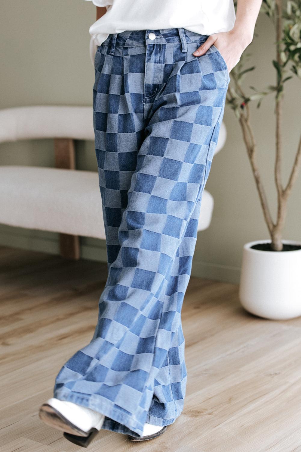 Dusk blue checkered denim wide leg jeans with stylish pattern and relaxed fit.