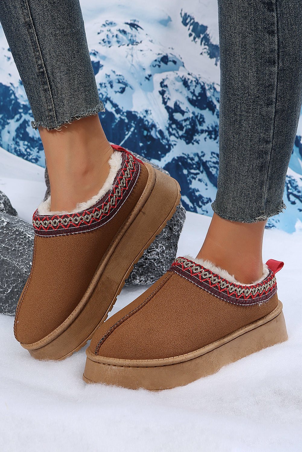 Brown Contrast Print Suede Plush Lined Snow Boots
