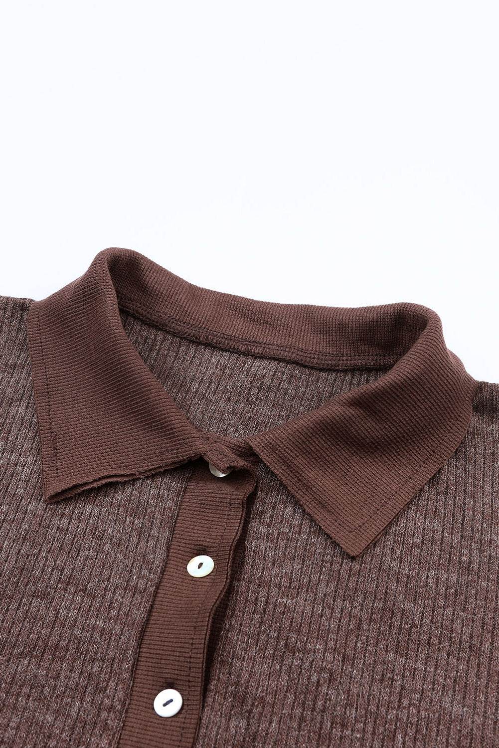 Brown Ribbed Knit Collared Henley Top