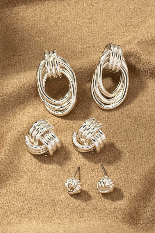 Premium Trio Metal Knot and Hoop Earrings displayed on stand silver