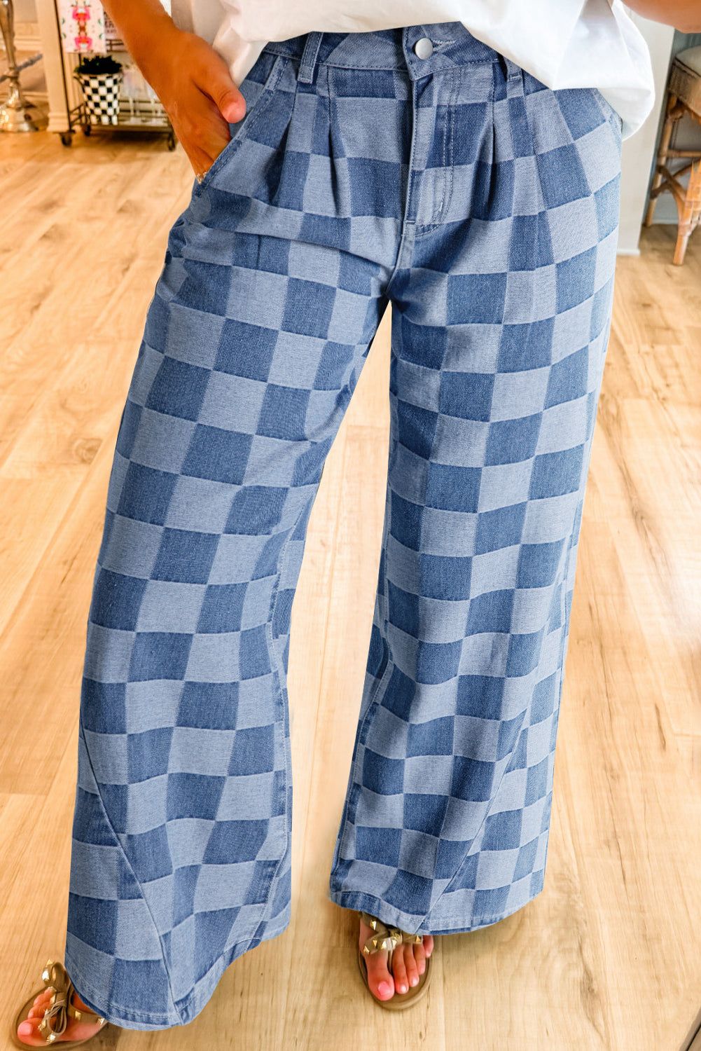 Dusk blue checkered denim wide leg jeans with pleated design and relaxed fit.