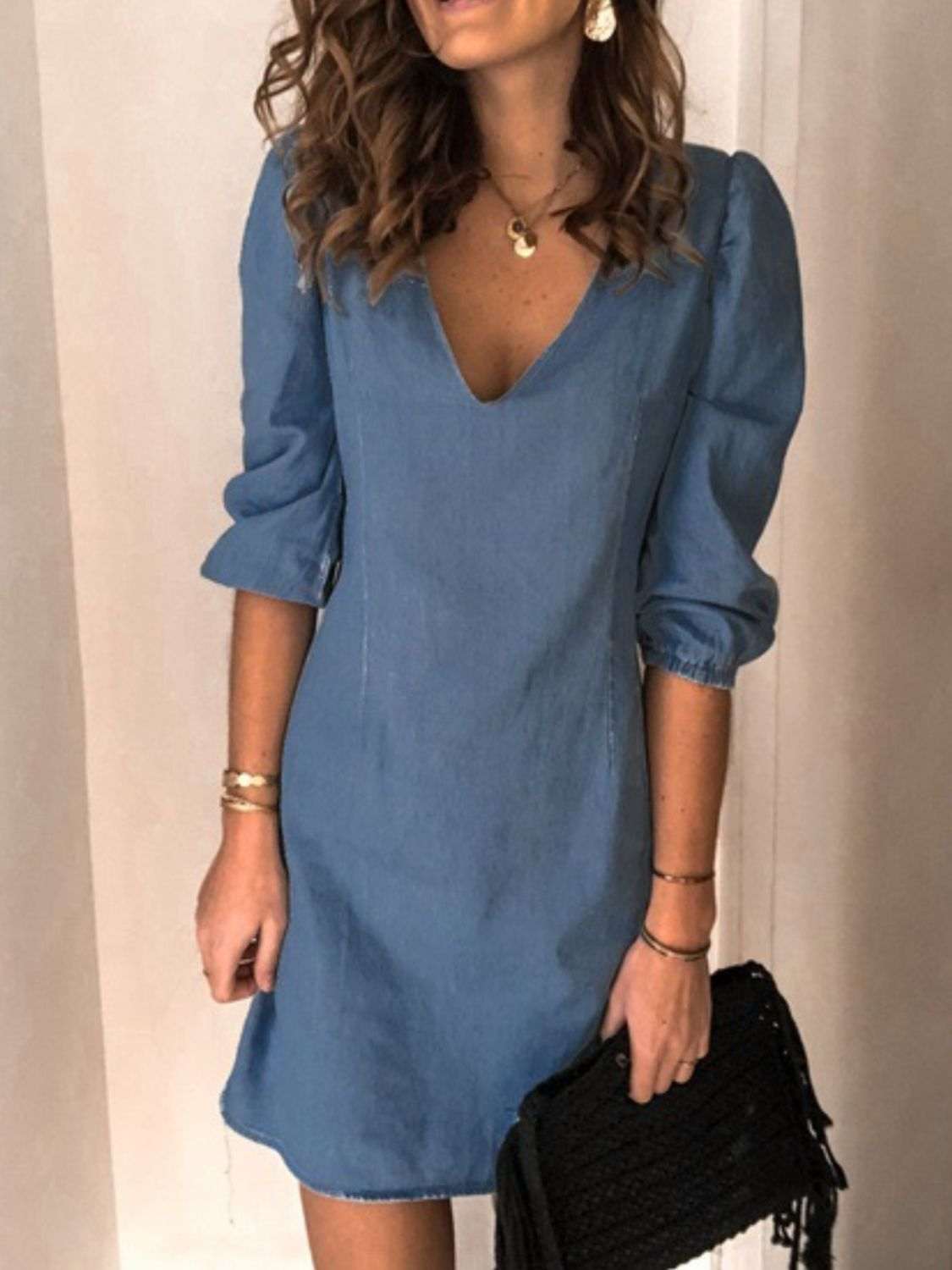 Full size V-neck half sleeve dress in blue, featuring basic style with no stretch, made from rayon and polyester.
