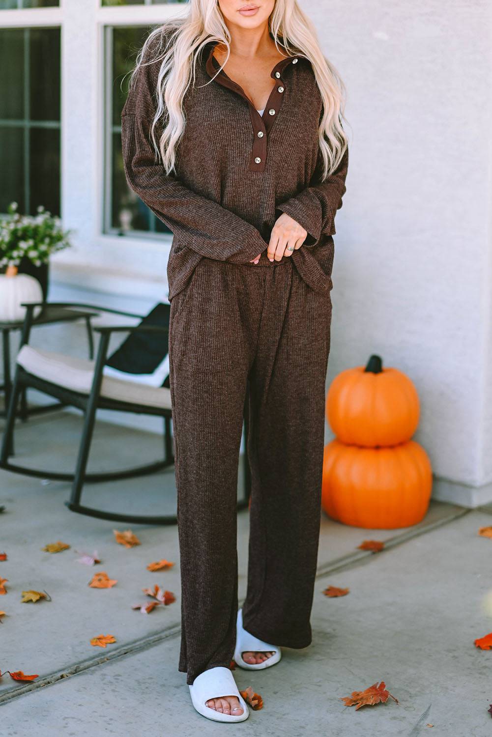 Brown Ribbed Knit Collared Henley Top
