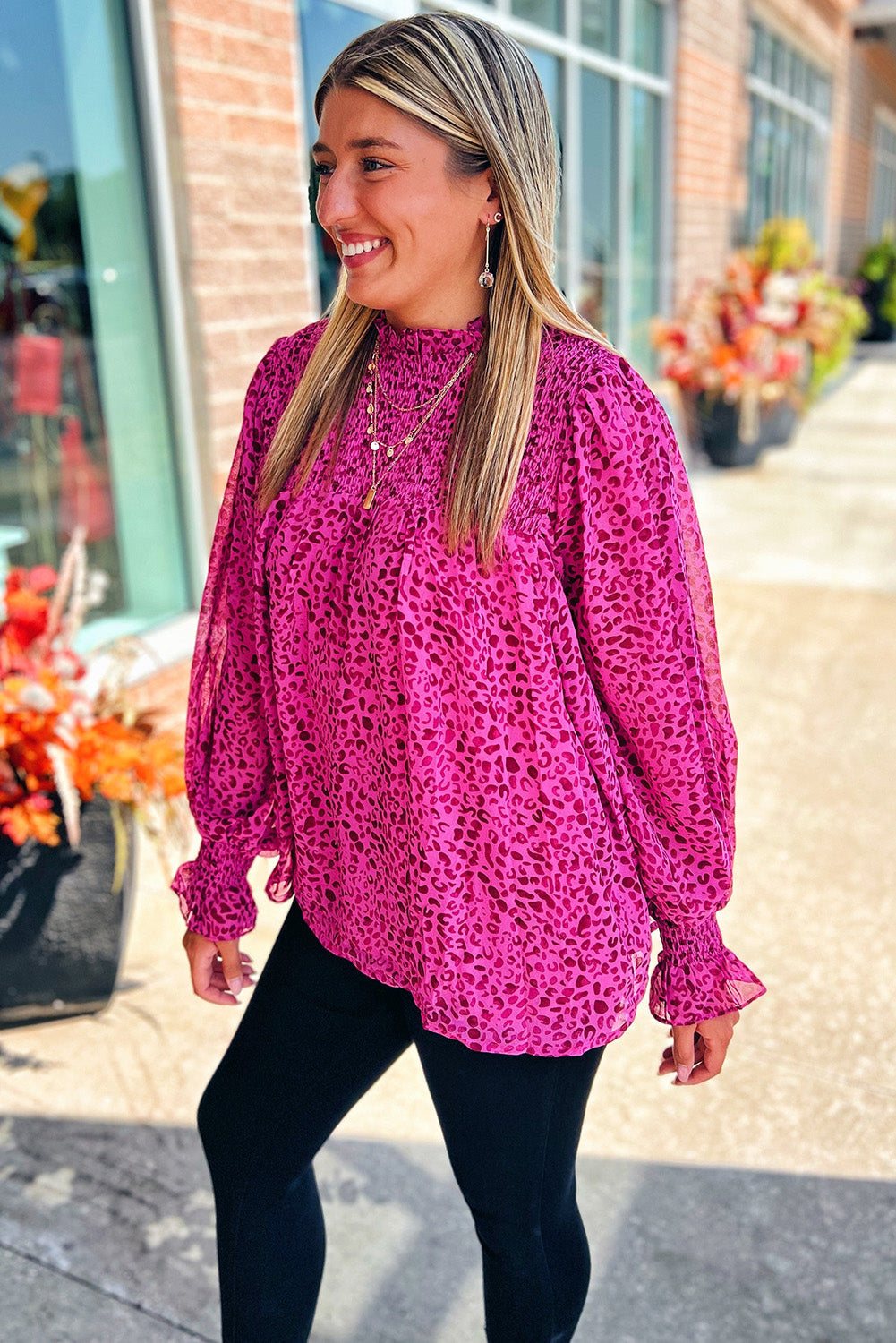 Leopard Print Blouse – Rose Puff Sleeve Shirred Top street close up