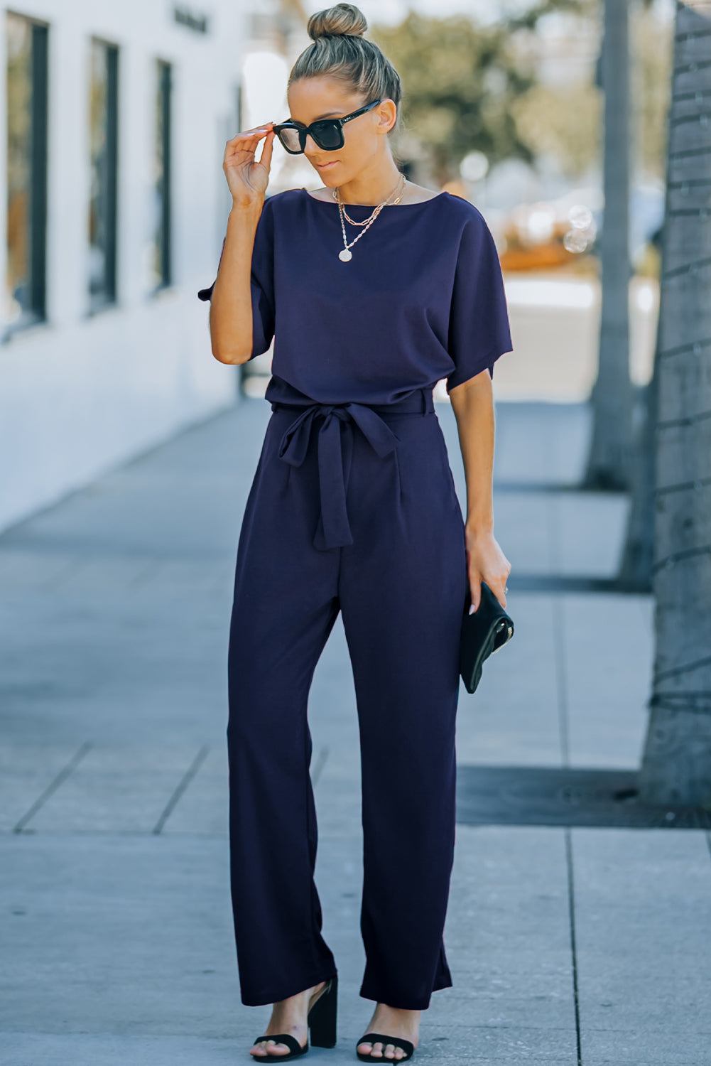 Glam Belted Wide Leg Jumpsuit