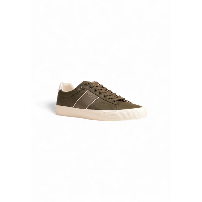 Boss Men Sneakers – Green Leather Lace-Up Shoes with Sporty Rubber Sole Designer Fall/Winter Footwear