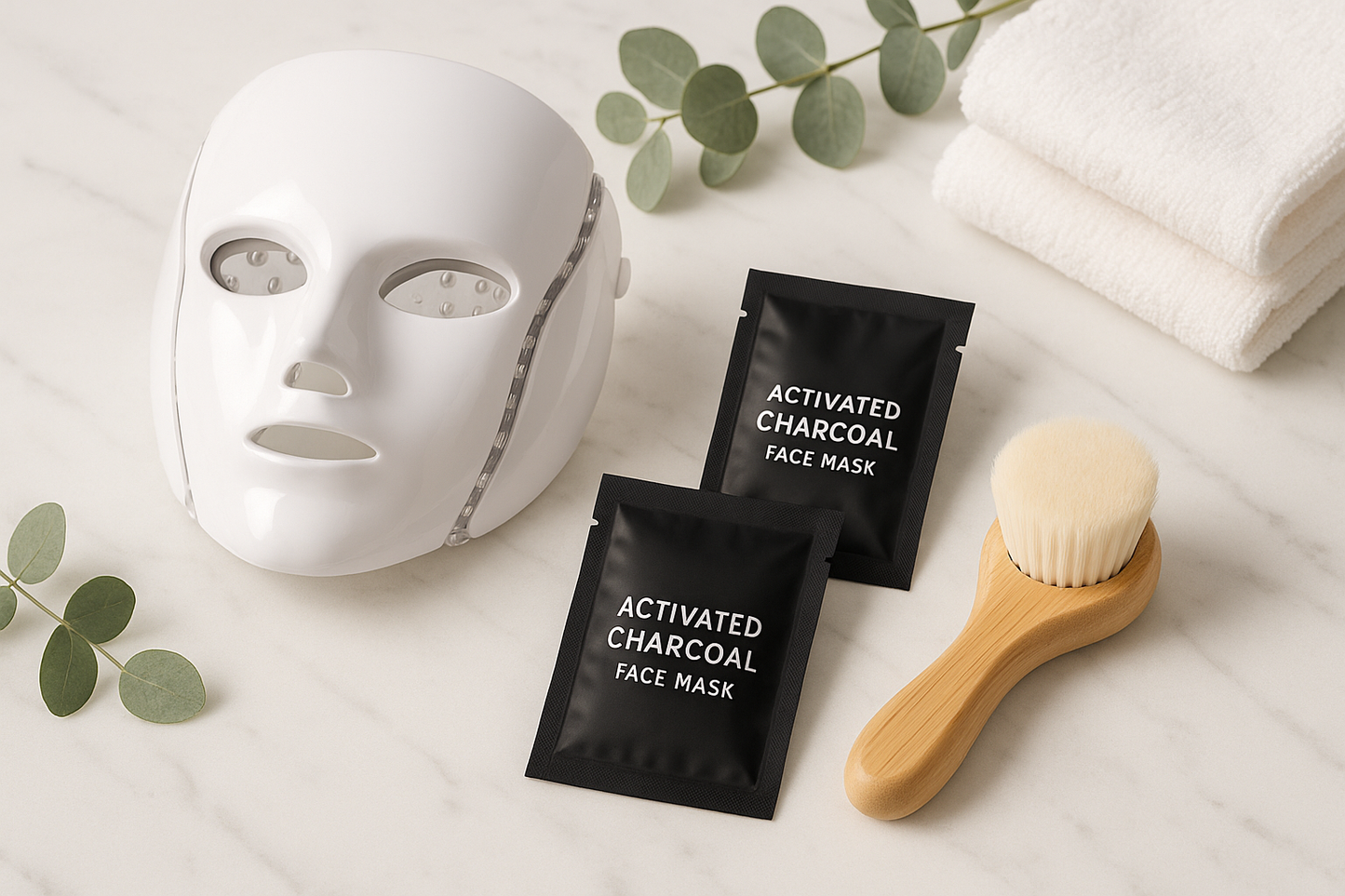 Professional skincare product collection featuring LED therapy mask, activated charcoal face masks, and bamboo facial brush arranged on marble surface
