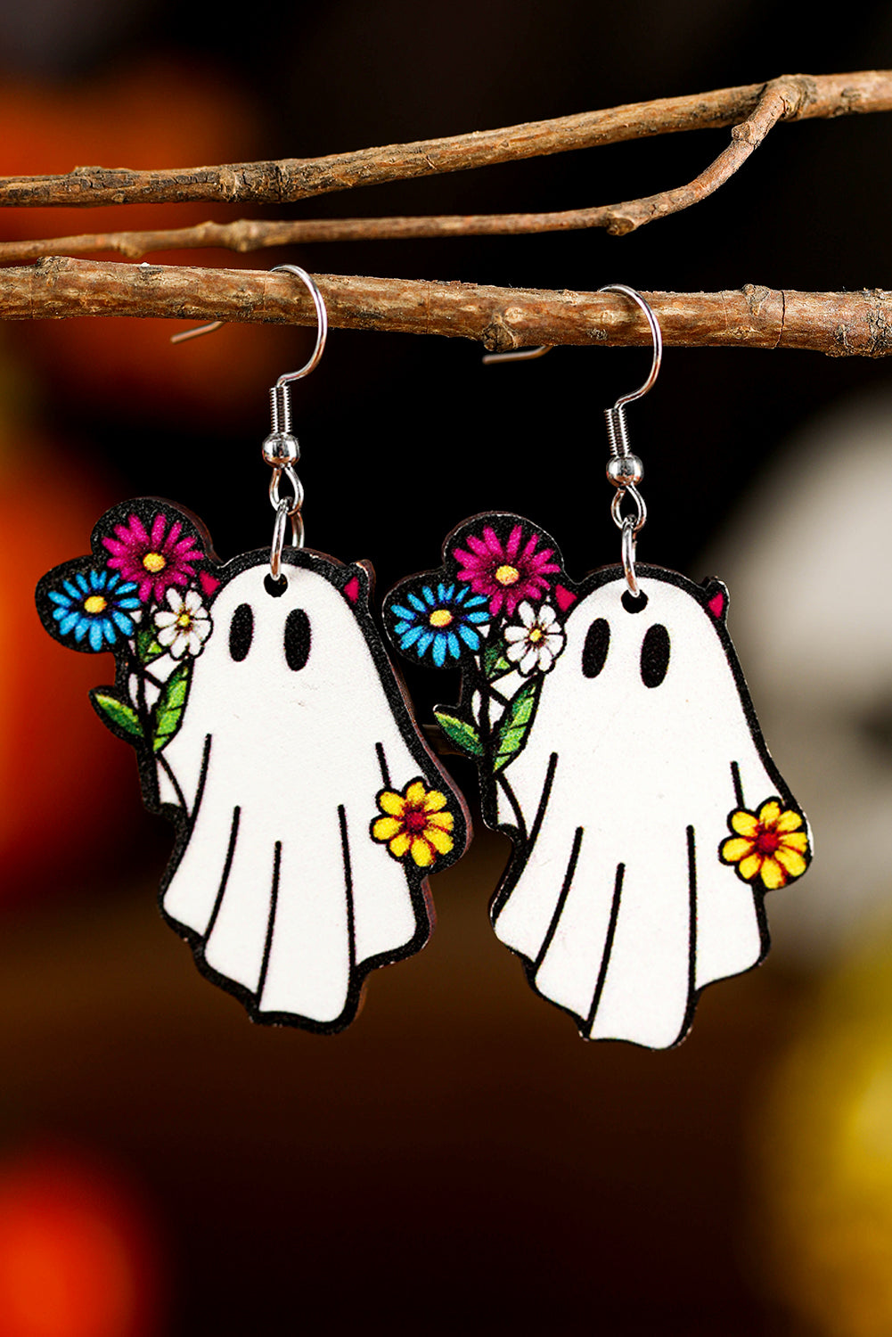 White Cute Ghost with Flower Halloween Hook Earrings