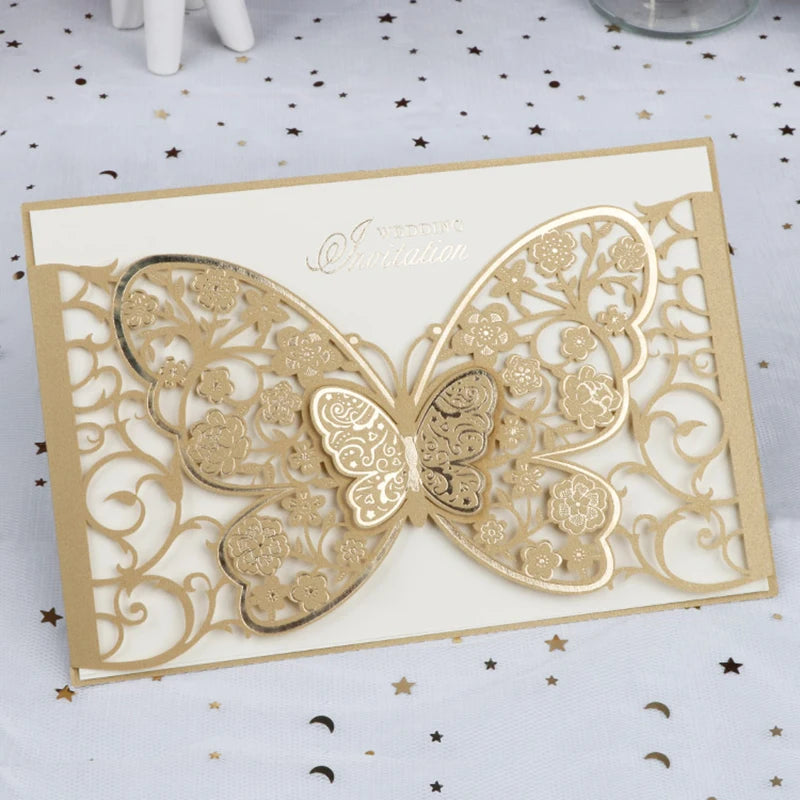 100Pcs Butterfly Laser Cut Wedding Invitation Cards Hollow Flora Greeting Cards Customized Wedding Decoration Party Supplies