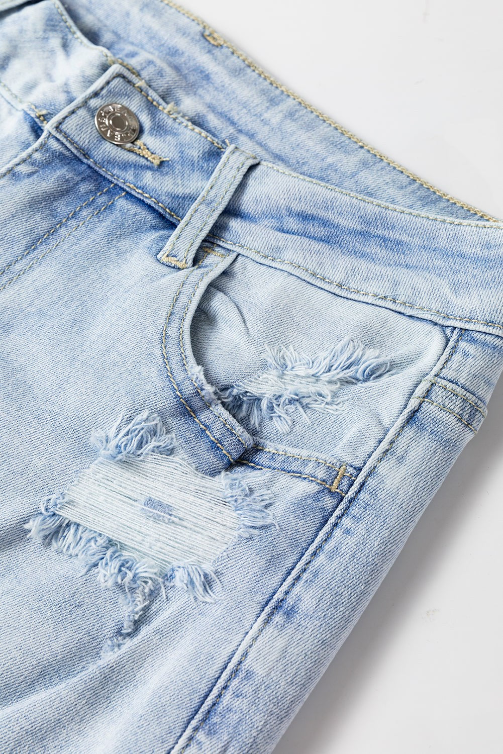  Beau Blue Vintage Light Wash Distressed Flare Jeans close up view