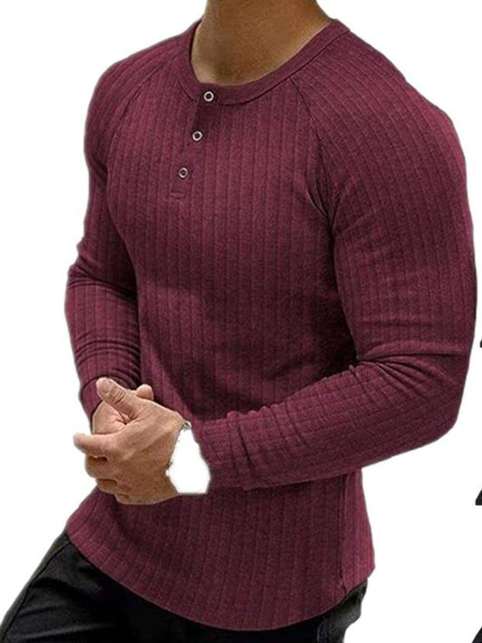 Mens Plus Size Ribbed Long Sleeve T-Shirt with Buttoned Neckline in burgundy