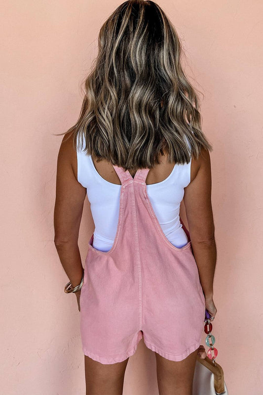 Pink Knot Strap Denim Romper with Pockets – Summer Casual Outfit