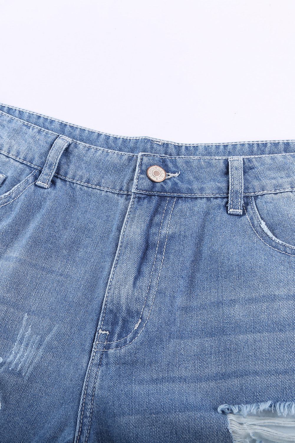 close up view sky blue denim shorts 