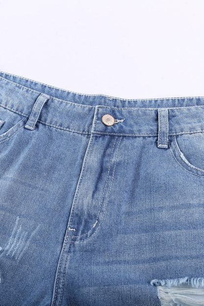 close up view sky blue denim shorts 