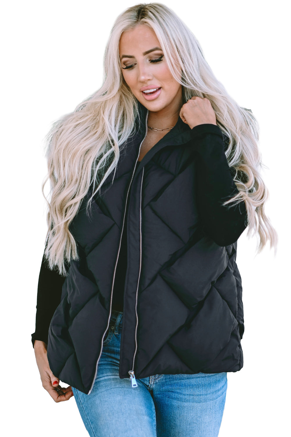 White Quilted Zipper Front Hooded Vest Coat