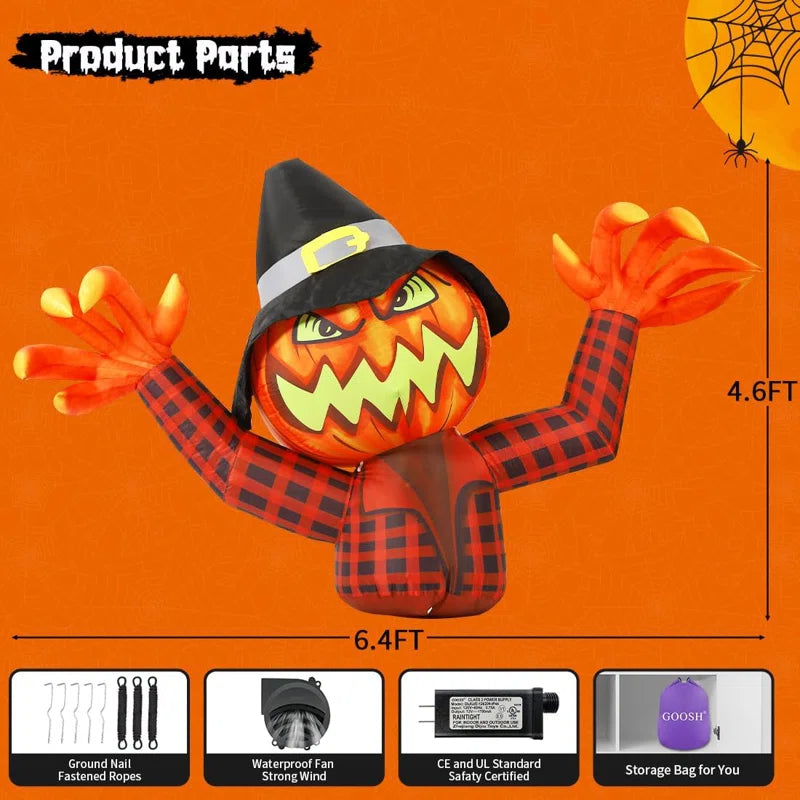 Halloween Inflatable 6.4 FT Scary Halloween Inflatable Pumpkin Witch with Wizard Hat