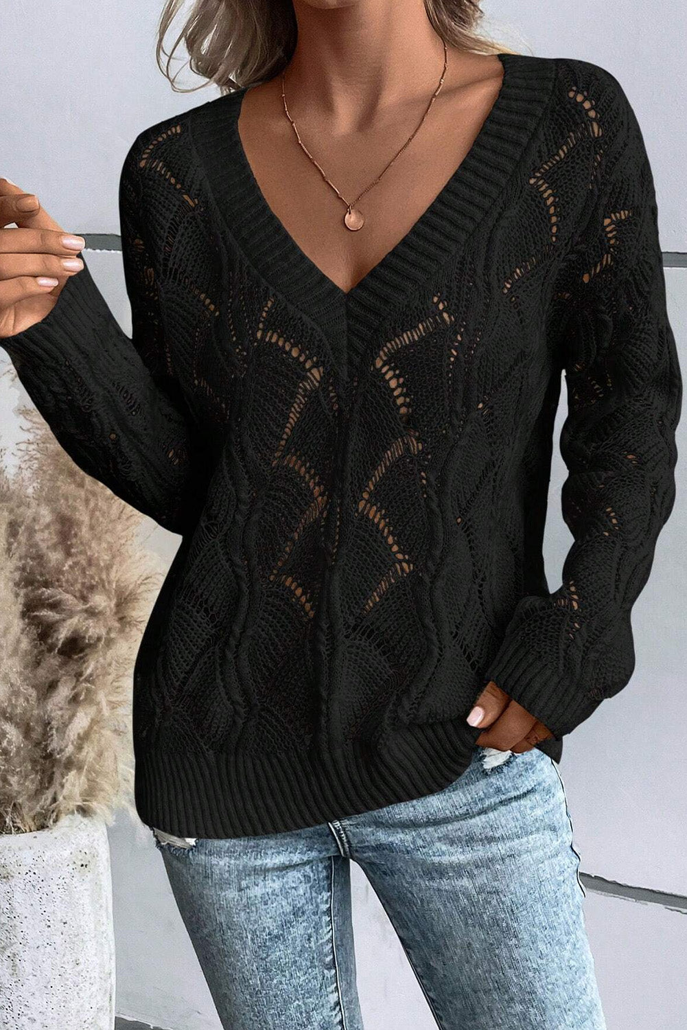 Beige Hollow Out Knit V Neck Drop Shoulder Sweater