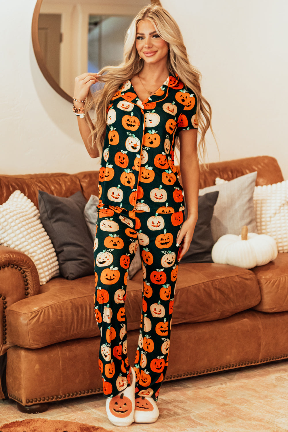 Black Halloween Pattern Short Sleeve Shirt Pajama Set