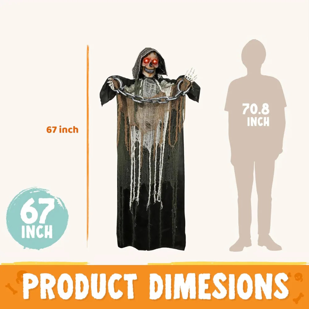 Halloween Grim Reaper with Chain, Halloween Skeleton Life Size with Light-Up Eyes and Creepy Sound, Scary Decorations Props