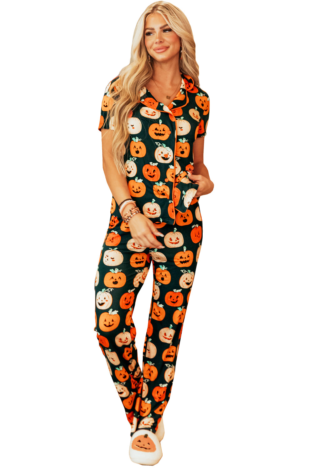 Black Halloween Pattern Short Sleeve Shirt Pajama Set