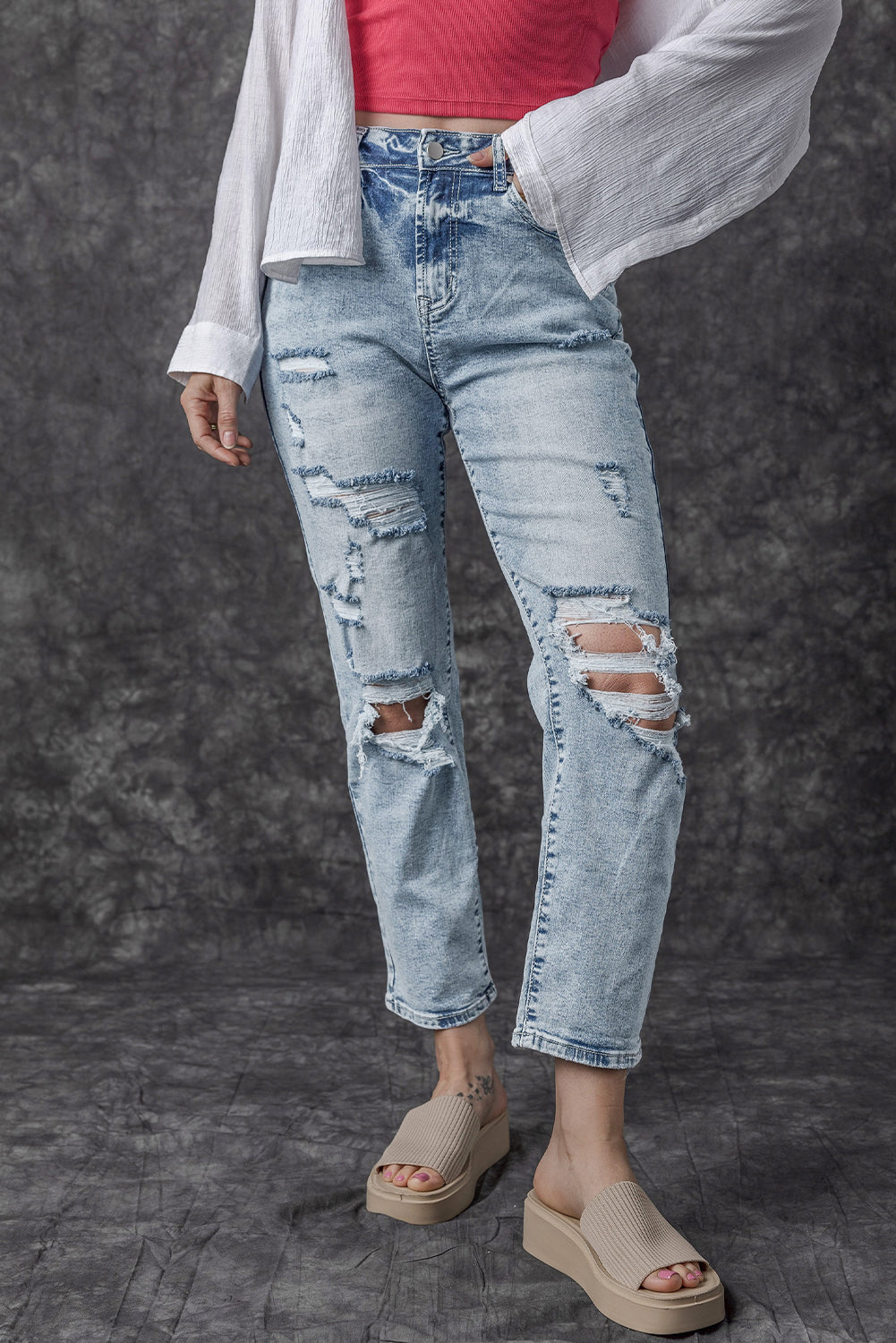 Jean slim taille haute bleu marine délavé à franges