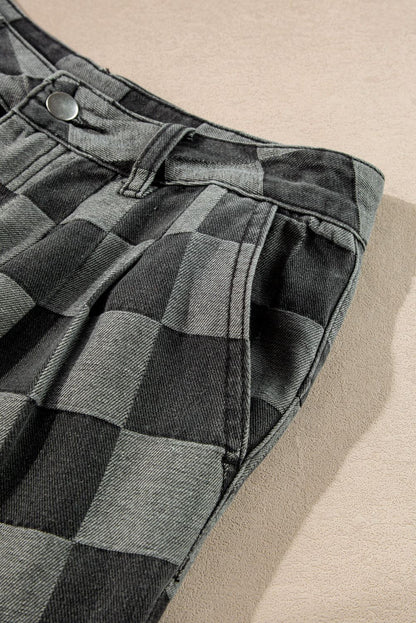 Dark grey checkered wide-leg denim jeans with button detail.