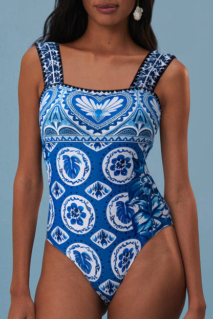 Maillot de bain une pièce fourreau à bretelles larges motif carreaux bleus Ricrac