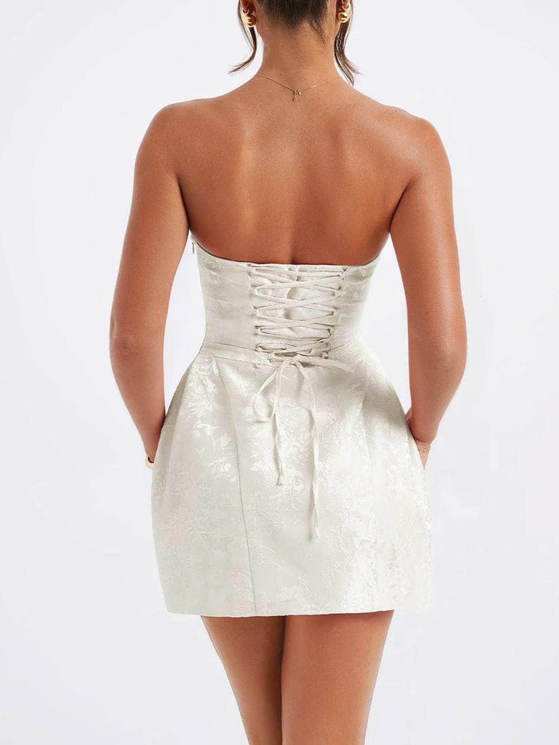 Lace-Up Sleeveless Satin Mini Dress with Bow in white, featuring a corset-style back.
