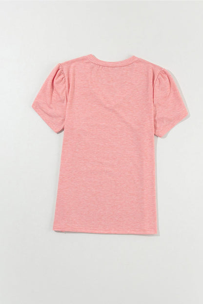 Rose tan petal sleeve V-neck t-shirt with soft fabric and relaxed fit.