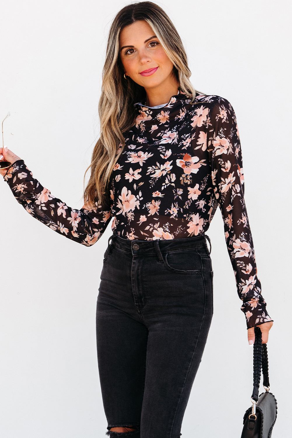 Black Floral Mesh Mock Neck