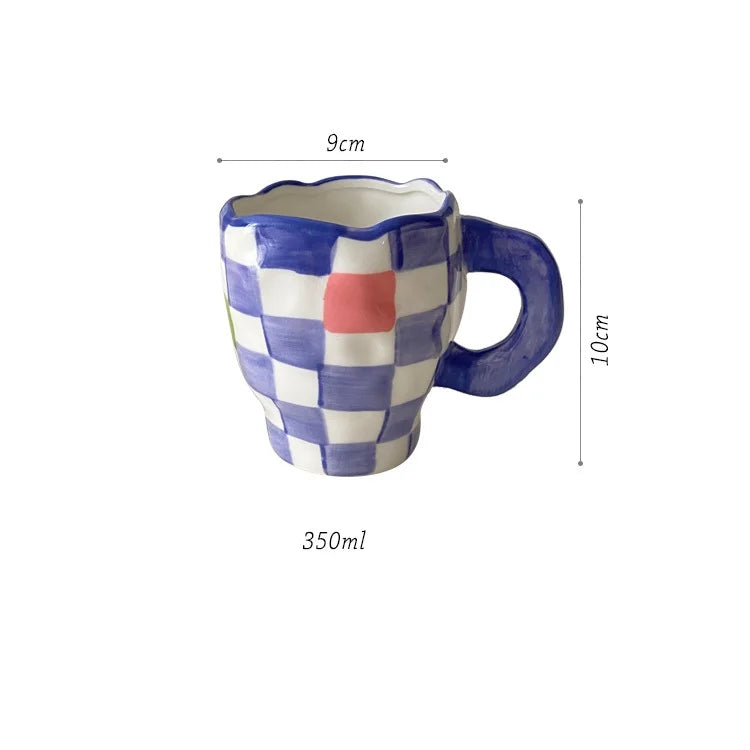 Handmade Coffee Cup Ceramic Irregular Checkerboard Design