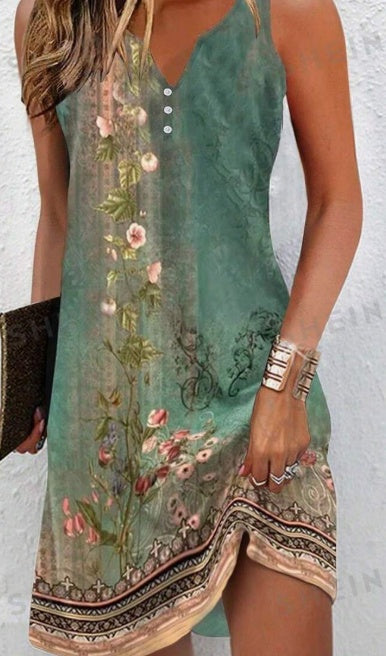 Robe d'été sans manches à imprimé floral et col en V pour femme, avec fente – Élégante et confortable